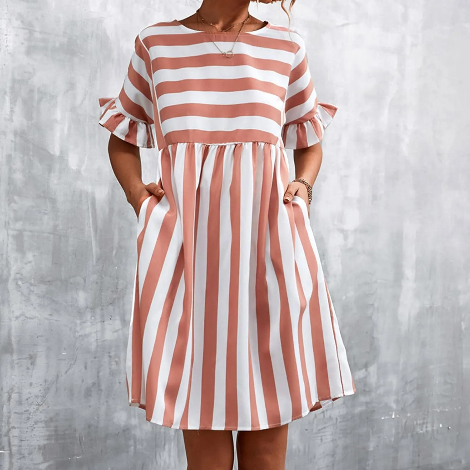 Striped Mini Dress for Women Summer Ruffle Sleeve Loose T Shirt Dress Crewneck Pleated Casual Dress with Pockets