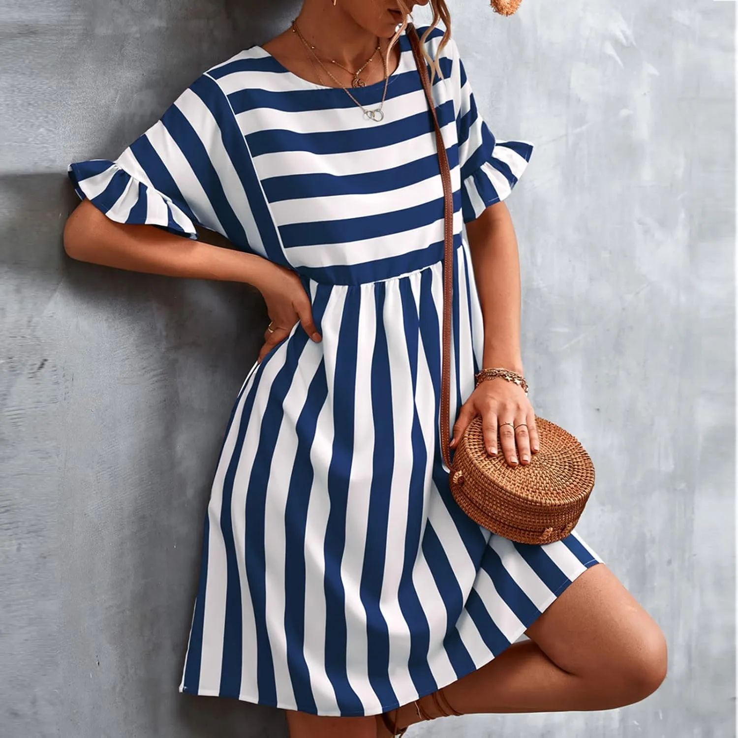 Striped Mini Dress for Women Summer Ruffle Sleeve Loose T Shirt Dress Crewneck Pleated Casual Dress with Pockets
