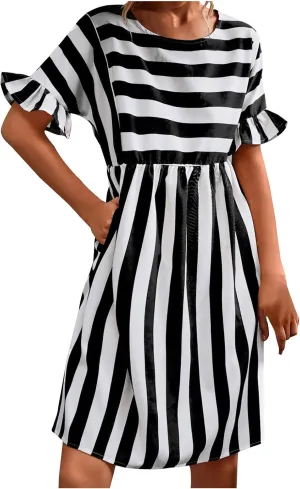 Striped Mini Dress for Women Summer Ruffle Sleeve Loose T Shirt Dress Crewneck Pleated Casual Dress with Pockets