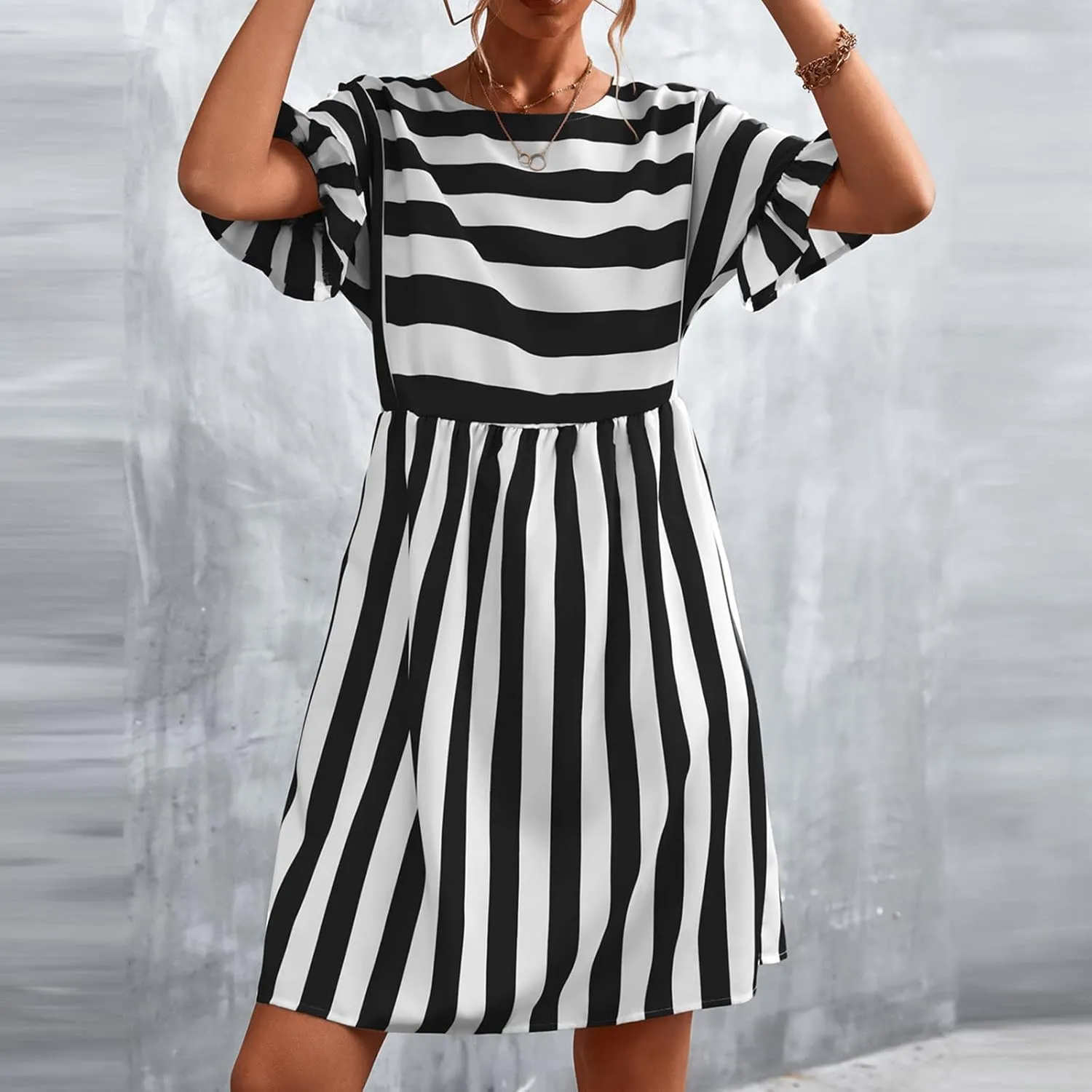 Striped Mini Dress for Women Summer Ruffle Sleeve Loose T Shirt Dress Crewneck Pleated Casual Dress with Pockets
