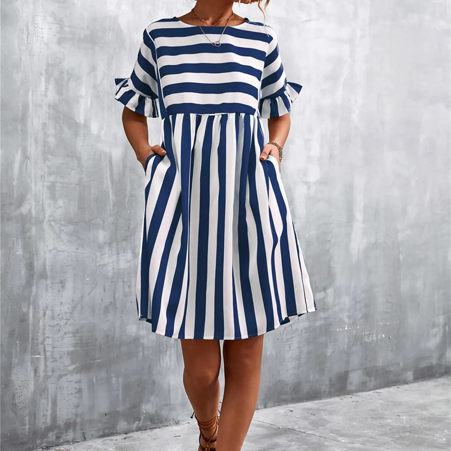 Striped Mini Dress for Women Summer Ruffle Sleeve Loose T Shirt Dress Crewneck Pleated Casual Dress with Pockets