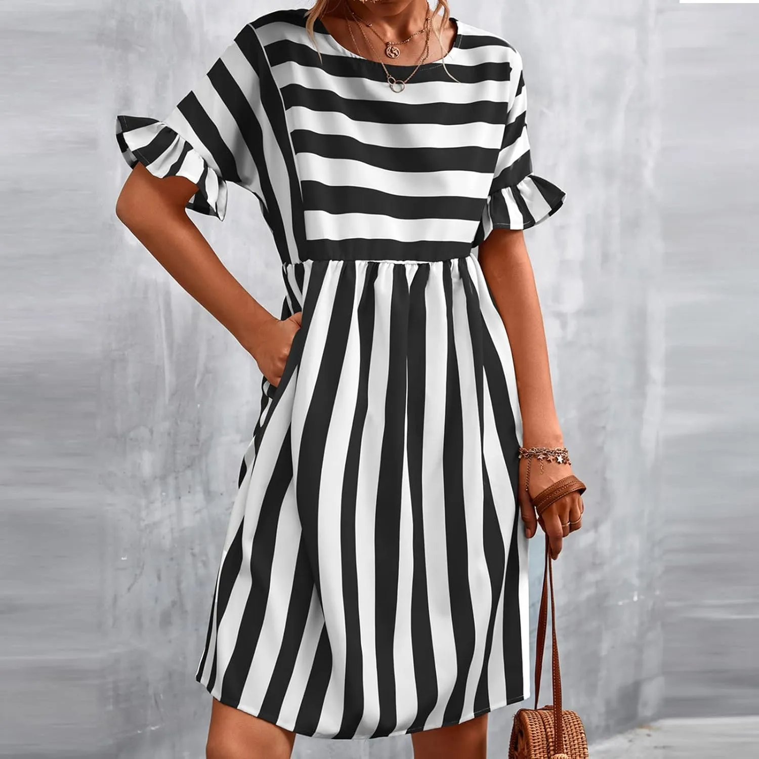 Striped Mini Dress for Women Summer Ruffle Sleeve Loose T Shirt Dress Crewneck Pleated Casual Dress with Pockets