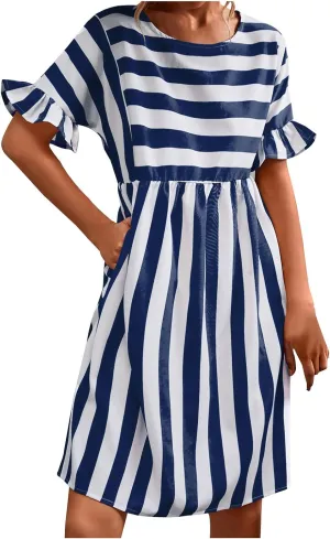 Striped Mini Dress for Women Summer Ruffle Sleeve Loose T Shirt Dress Crewneck Pleated Casual Dress with Pockets