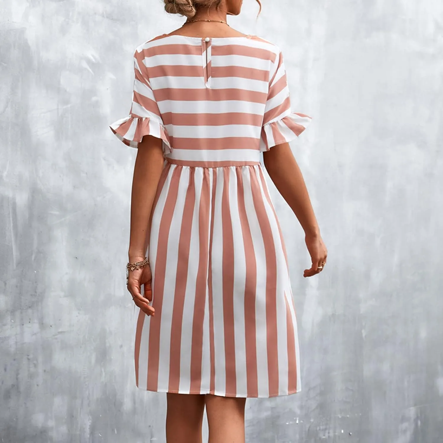 Striped Mini Dress for Women Summer Ruffle Sleeve Loose T Shirt Dress Crewneck Pleated Casual Dress with Pockets