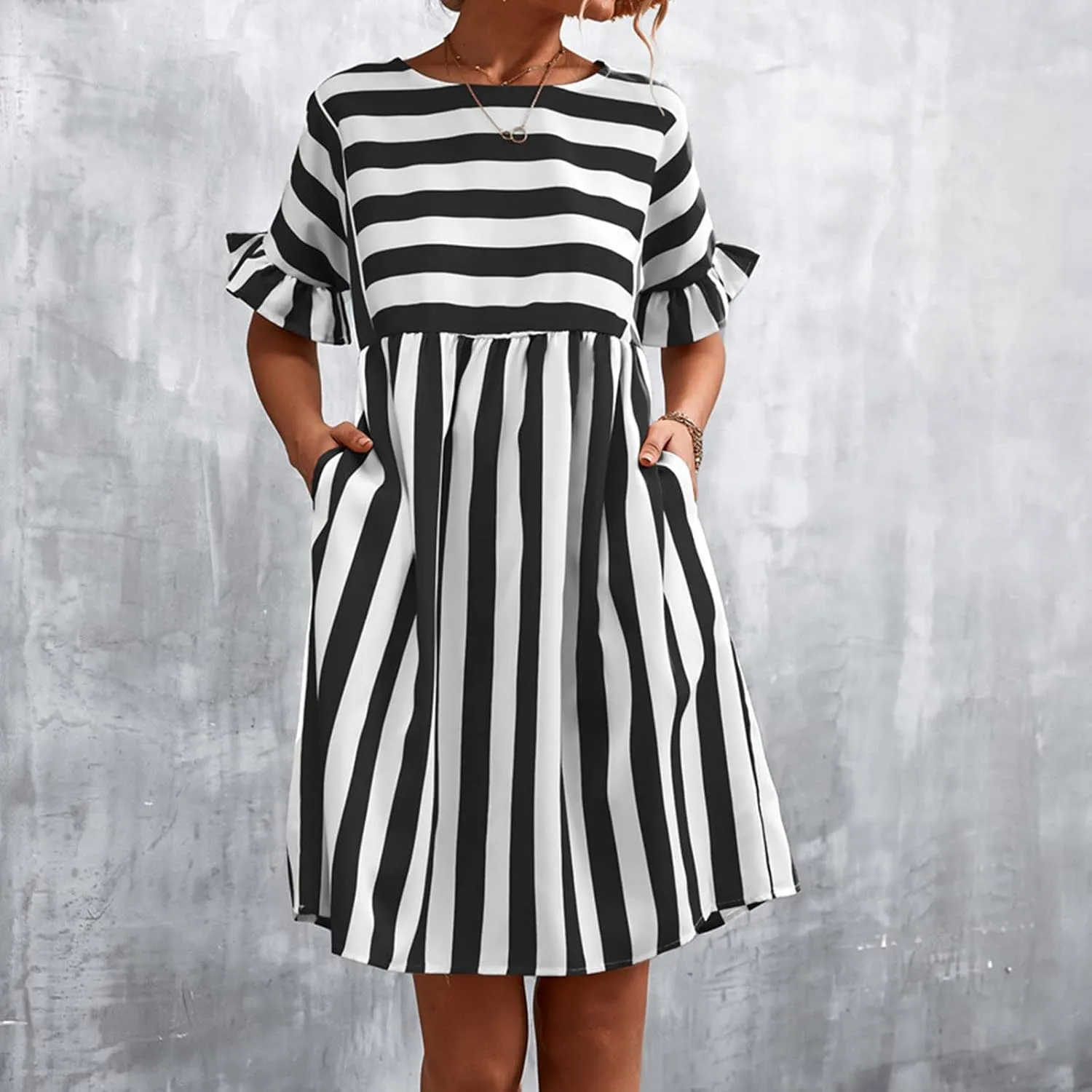 Striped Mini Dress for Women Summer Ruffle Sleeve Loose T Shirt Dress Crewneck Pleated Casual Dress with Pockets