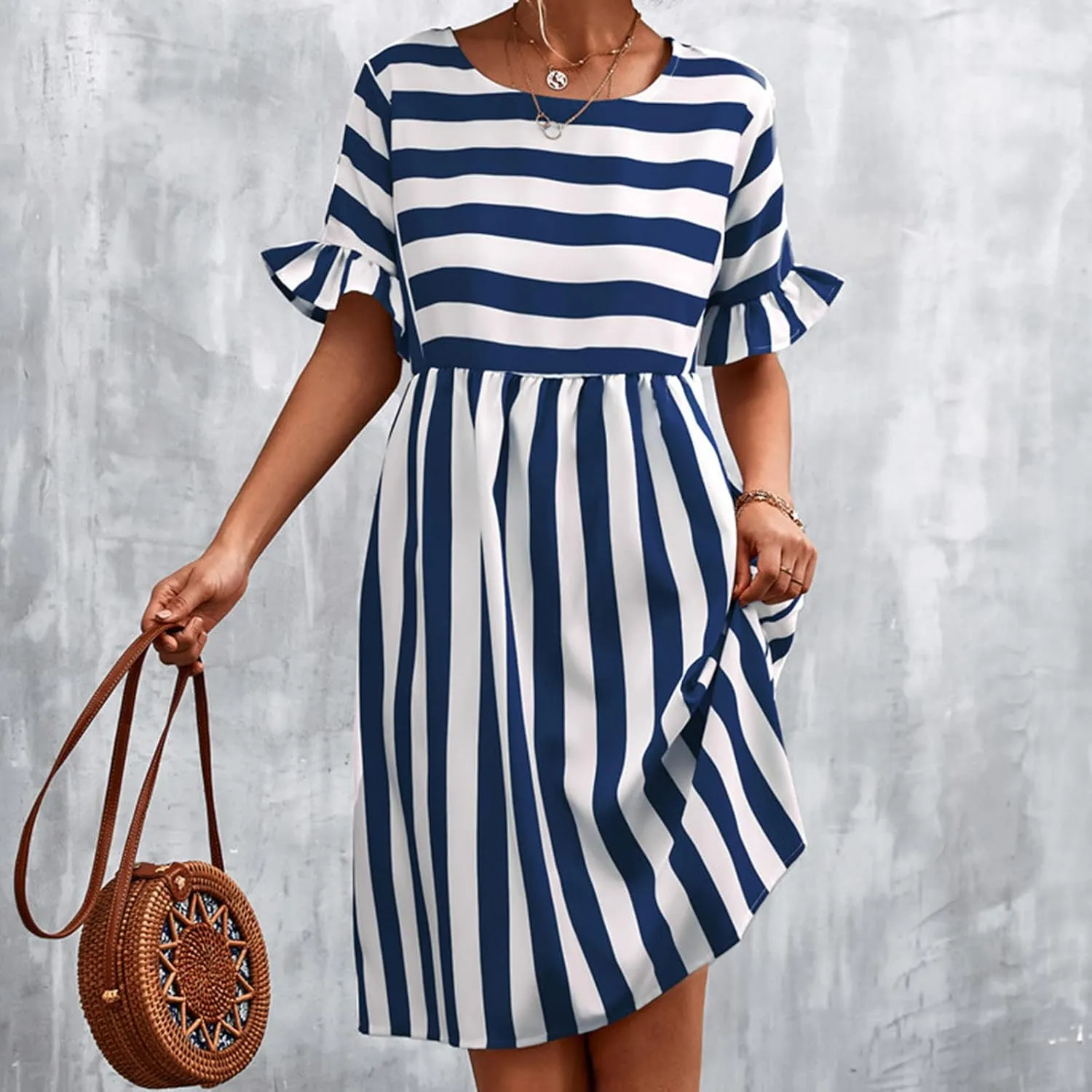 Striped Mini Dress for Women Summer Ruffle Sleeve Loose T Shirt Dress Crewneck Pleated Casual Dress with Pockets