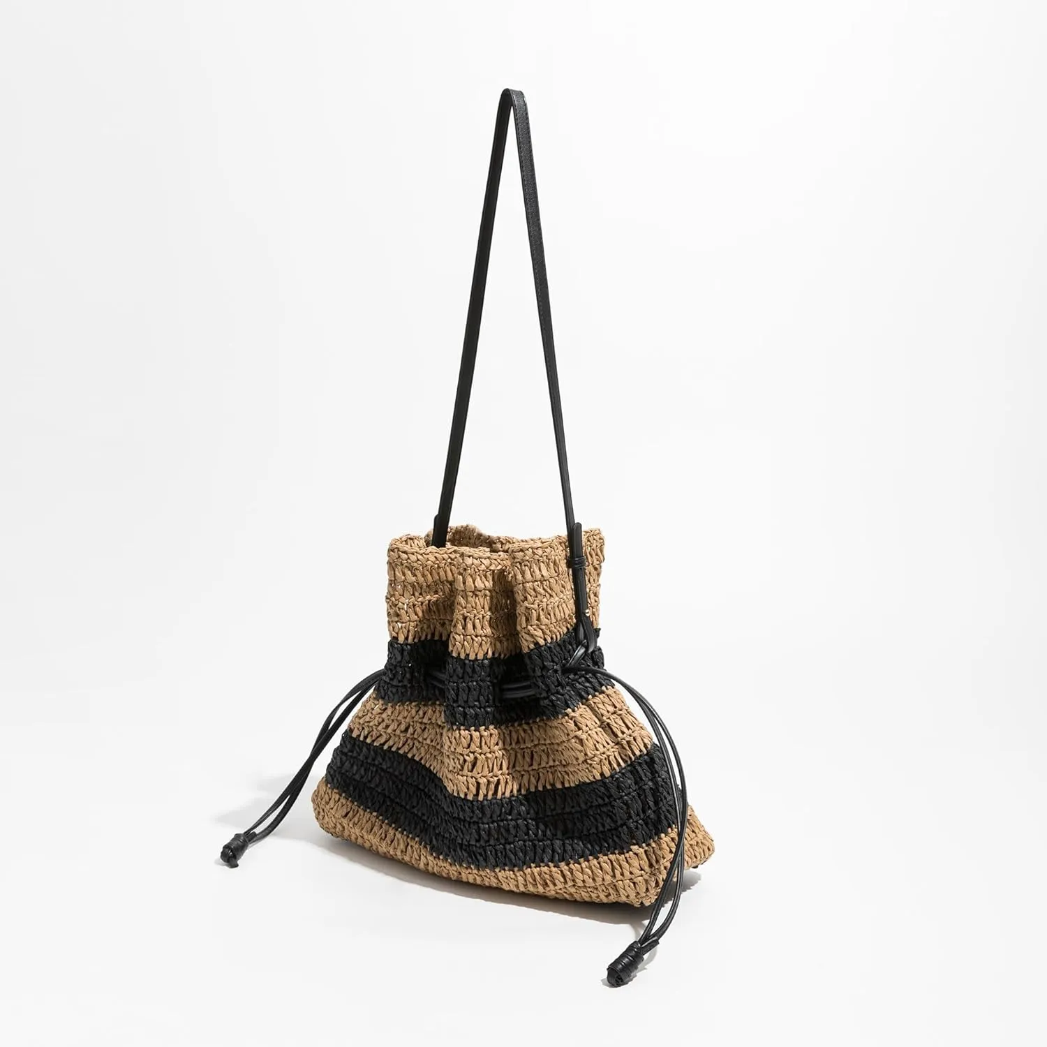 Striped Straw Weave Shoulder Hobo Purse Drawstring Closure Casual Beach Pouch 2023 Summer Women Crossbody Daybag