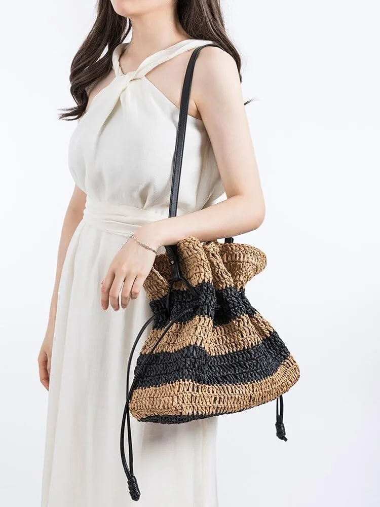Striped Straw Weave Shoulder Hobo Purse Drawstring Closure Casual Beach Pouch 2023 Summer Women Crossbody Daybag