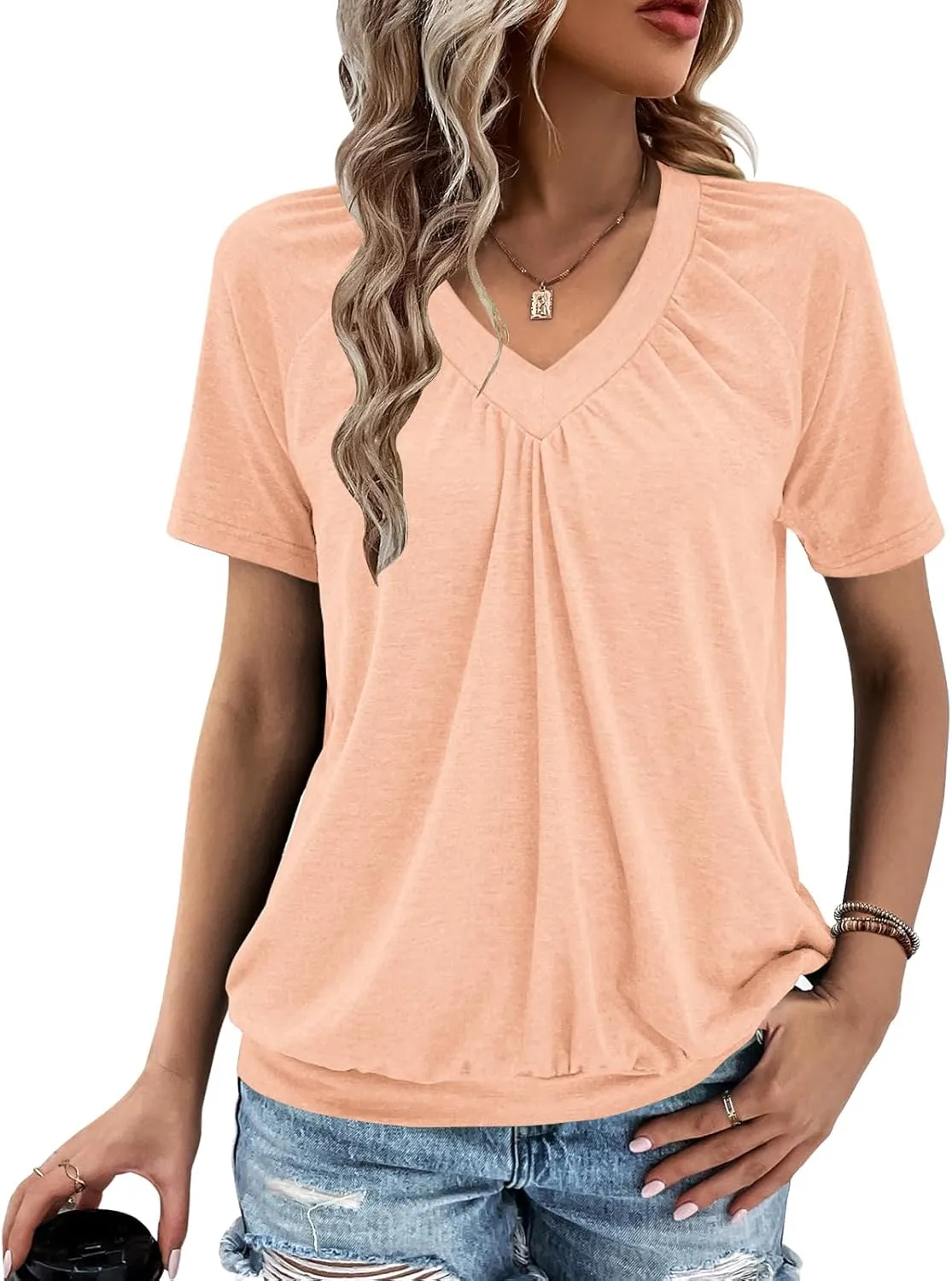 Summer Tops for Women 2025 Shorts Sleeve Womens Tops,V Neck Soft Casual Loose Fit Ruched Top T Shirts Tee Clothes
