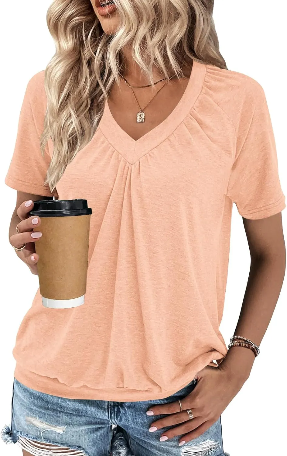Summer Tops for Women 2025 Shorts Sleeve Womens Tops,V Neck Soft Casual Loose Fit Ruched Top T Shirts Tee Clothes