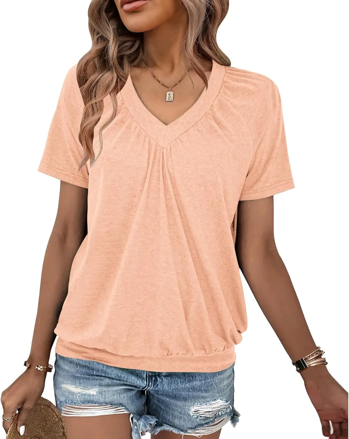 Summer Tops for Women 2025 Shorts Sleeve Womens Tops,V Neck Soft Casual Loose Fit Ruched Top T Shirts Tee Clothes