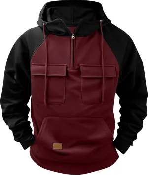 Tactical Sweatshirts for Men Quarter Zip Hoodie Retro Western Drawstring Long Sleeve Sweatshirt Hoodie