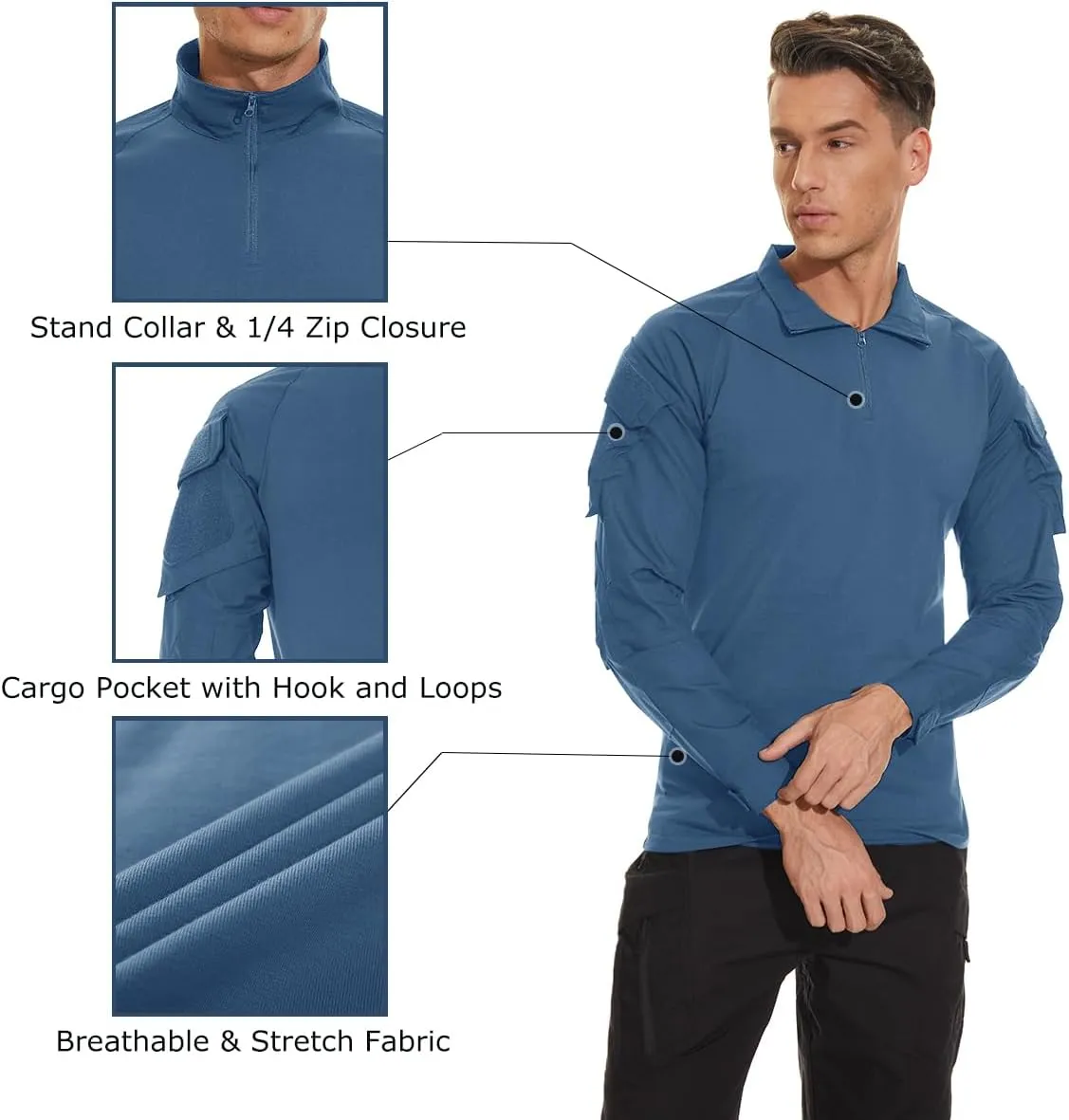 TACVASEN Men's Tactical Shirt Long Sleeve Combat Shirt 1/4 Zip with Pockets Military Army Paintball Airsoft Breathable