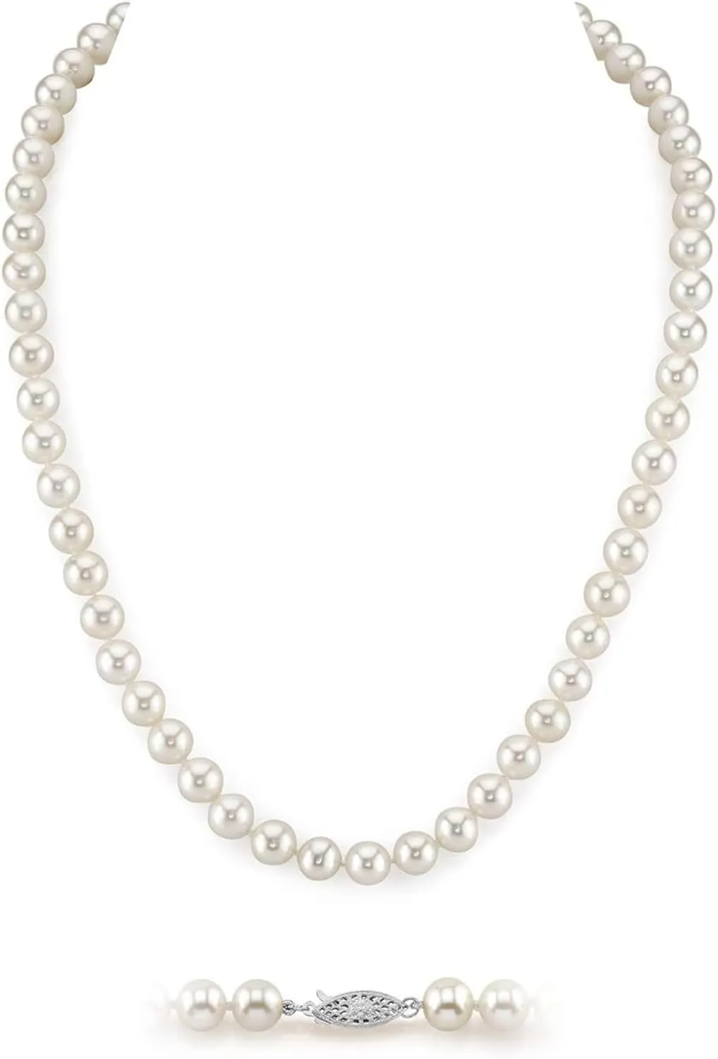 The Pearl Source Real Pearl Necklace AAA  Quality Round White Freshwater Genuine Cultured Pearls |14K Gold Plated Sterling Silver Clasp Pearl Gifts for Anniversary