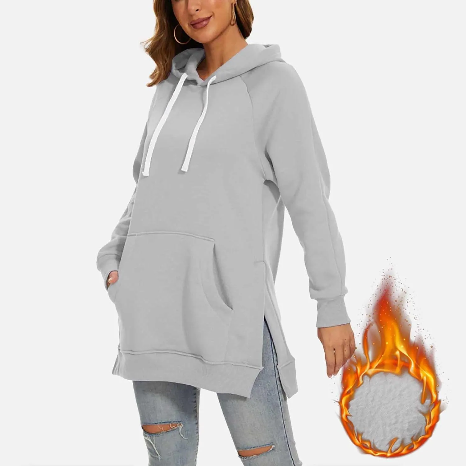 The Warmys Oversized Hoodie Dress, Sherpa Lined Long Sleeve Split Hem Valentines Day Pullover Sweatshirts with Pocket
