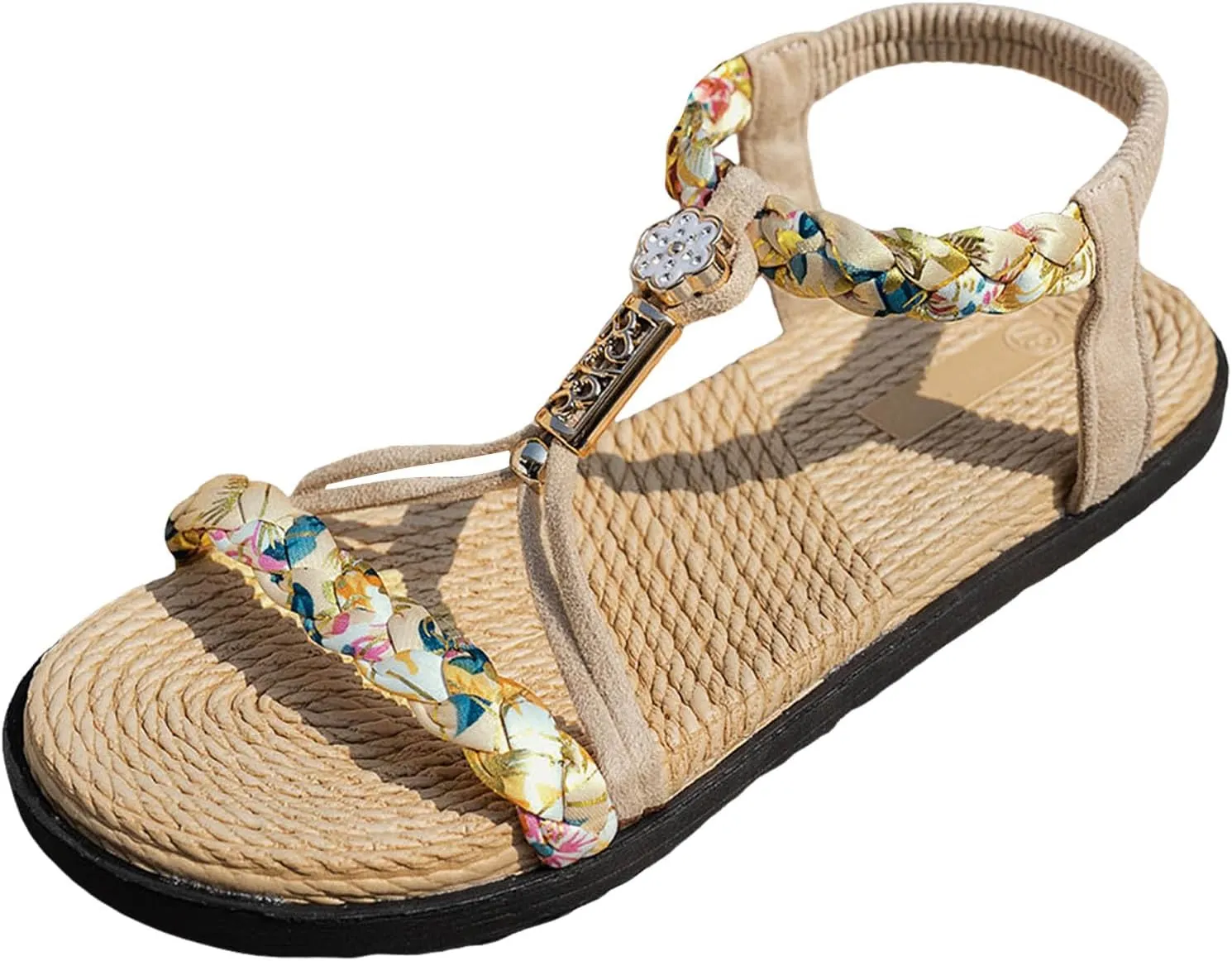 Thick Soled Hollow Women's Bohemian Shoes Summer Braided Rhinestone Classic Color Matching Sandals for Women Heels Clear