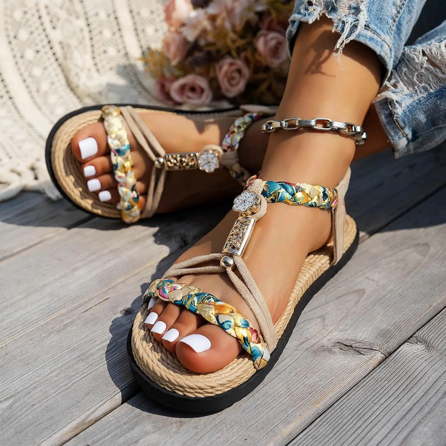 Thick Soled Hollow Women's Bohemian Shoes Summer Braided Rhinestone Classic Color Matching Sandals for Women Heels Clear