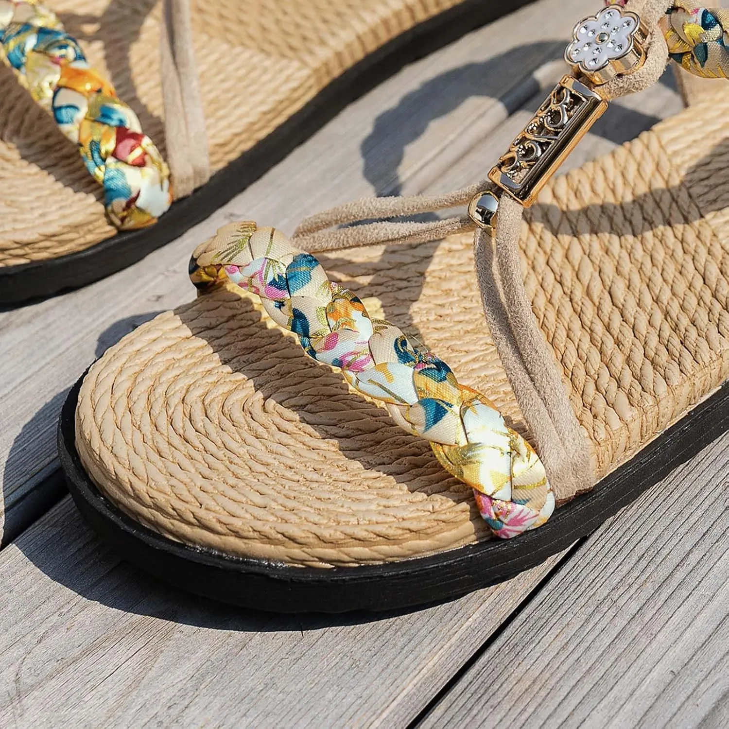 Thick Soled Hollow Women's Bohemian Shoes Summer Braided Rhinestone Classic Color Matching Sandals for Women Heels Clear