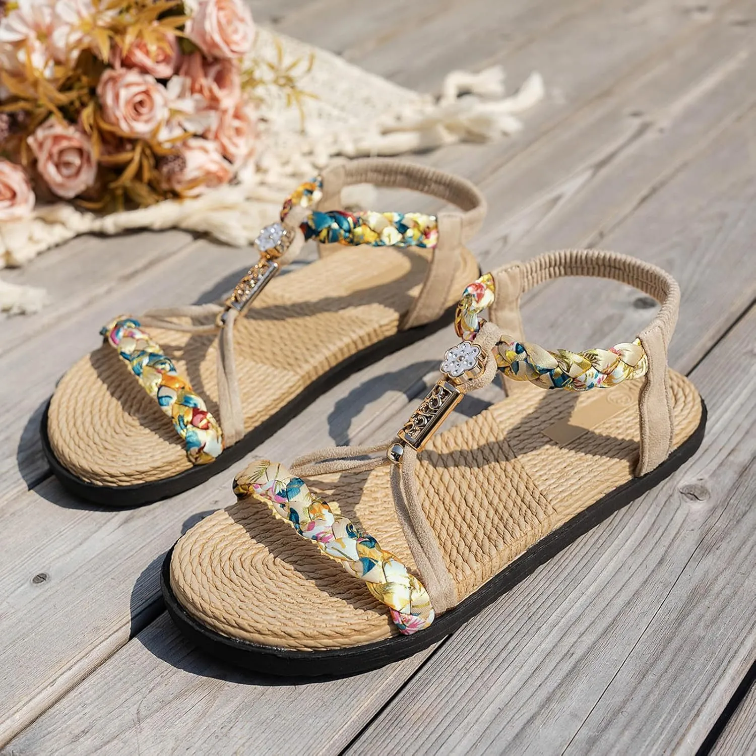 Thick Soled Hollow Women's Bohemian Shoes Summer Braided Rhinestone Classic Color Matching Sandals for Women Heels Clear