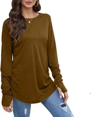 Tops for Women Trendy Long Sleeve Solid Crewneck Basic Tee Shirts Loose Fit Casual Trendy Pullover with Thumb Holes