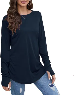 Tops for Women Trendy Long Sleeve Solid Crewneck Basic Tee Shirts Loose Fit Casual Trendy Pullover with Thumb Holes