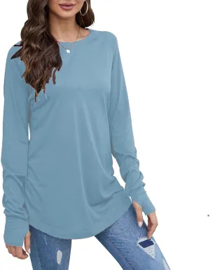 Tops for Women Trendy Long Sleeve Solid Crewneck Basic Tee Shirts Loose Fit Casual Trendy Pullover with Thumb Holes