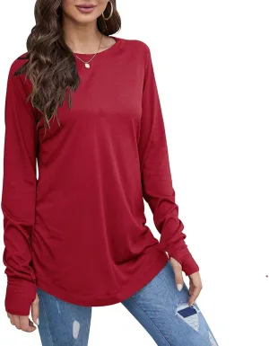 Tops for Women Trendy Long Sleeve Solid Crewneck Basic Tee Shirts Loose Fit Casual Trendy Pullover with Thumb Holes