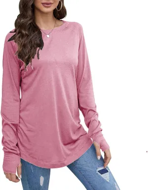 Tops for Women Trendy Long Sleeve Solid Crewneck Basic Tee Shirts Loose Fit Casual Trendy Pullover with Thumb Holes