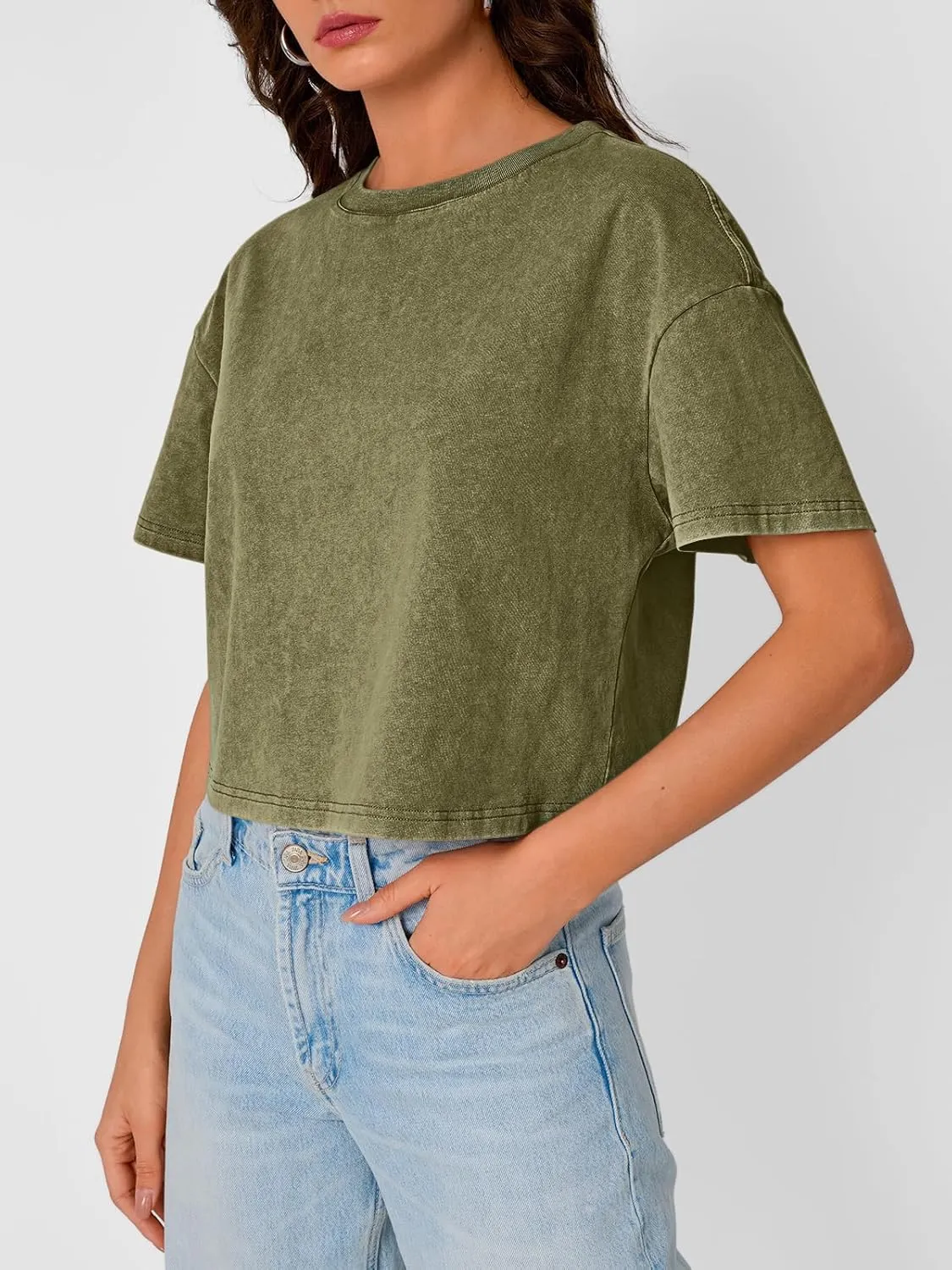 Trendy Queen Womens Crop Tops Short Sleeve T-Shirts Acid Wash Casual Summer Clothes Trendy Comfy 2025 Workout Baggy Soft Tees