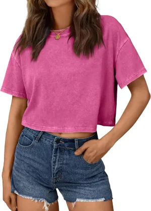 Trendy Queen Womens Crop Tops Short Sleeve T-Shirts Acid Wash Casual Summer Clothes Trendy Comfy 2025 Workout Baggy Soft Tees