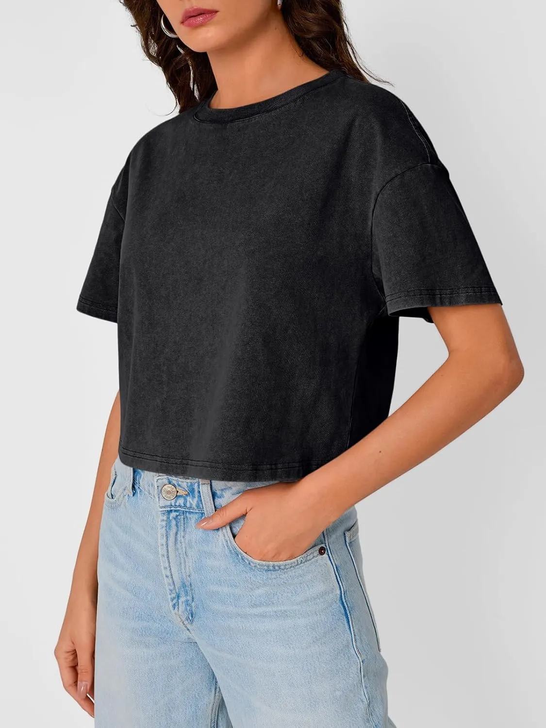 Trendy Queen Womens Crop Tops Short Sleeve T-Shirts Acid Wash Casual Summer Clothes Trendy Comfy 2025 Workout Baggy Soft Tees