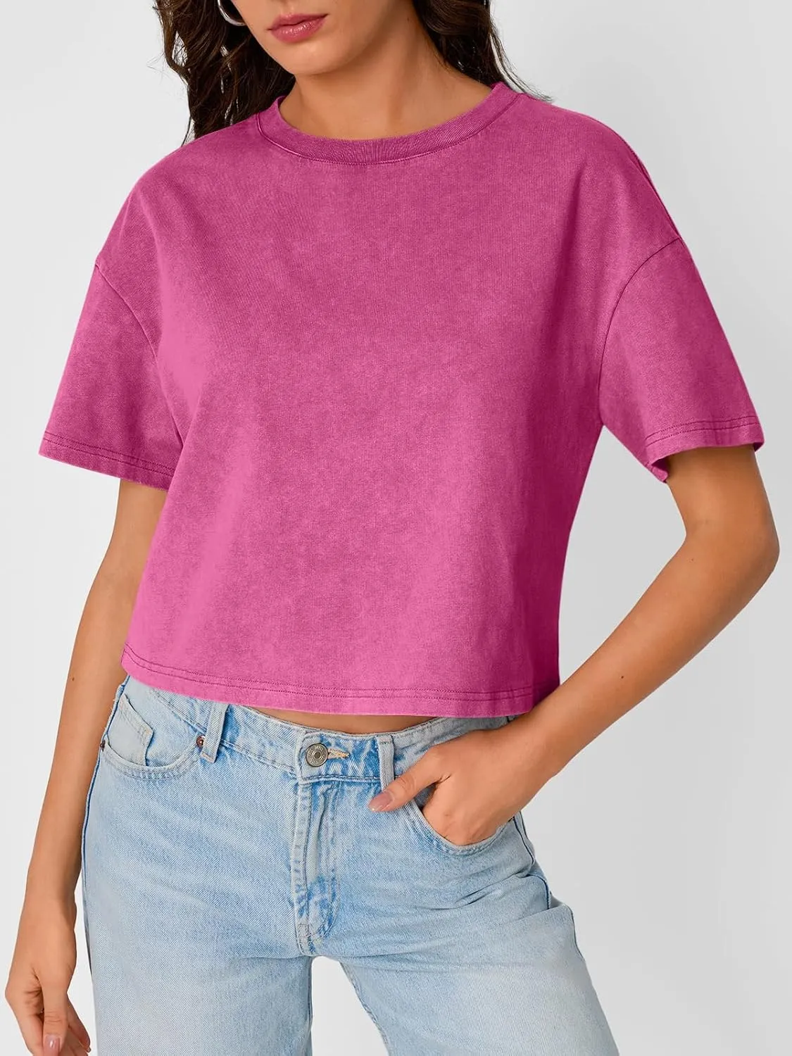 Trendy Queen Womens Crop Tops Short Sleeve T-Shirts Acid Wash Casual Summer Clothes Trendy Comfy 2025 Workout Baggy Soft Tees