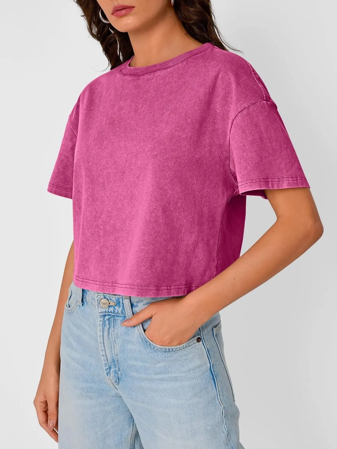 Trendy Queen Womens Crop Tops Short Sleeve T-Shirts Acid Wash Casual Summer Clothes Trendy Comfy 2025 Workout Baggy Soft Tees