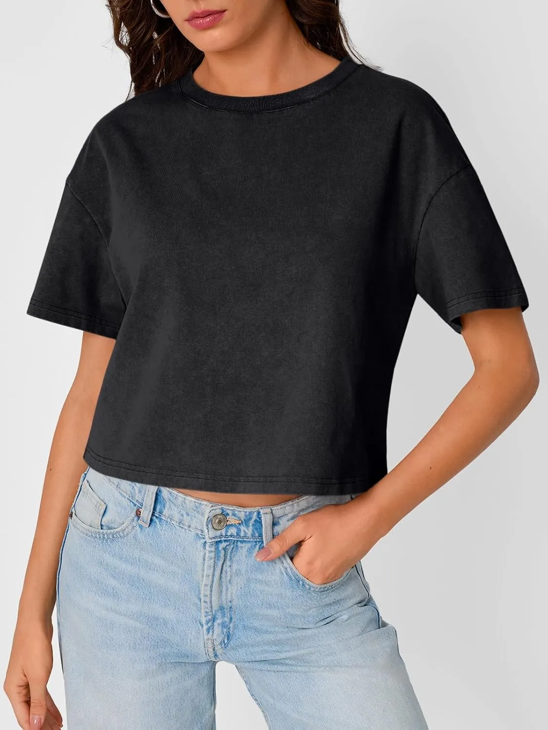 Trendy Queen Womens Crop Tops Short Sleeve T-Shirts Acid Wash Casual Summer Clothes Trendy Comfy 2025 Workout Baggy Soft Tees