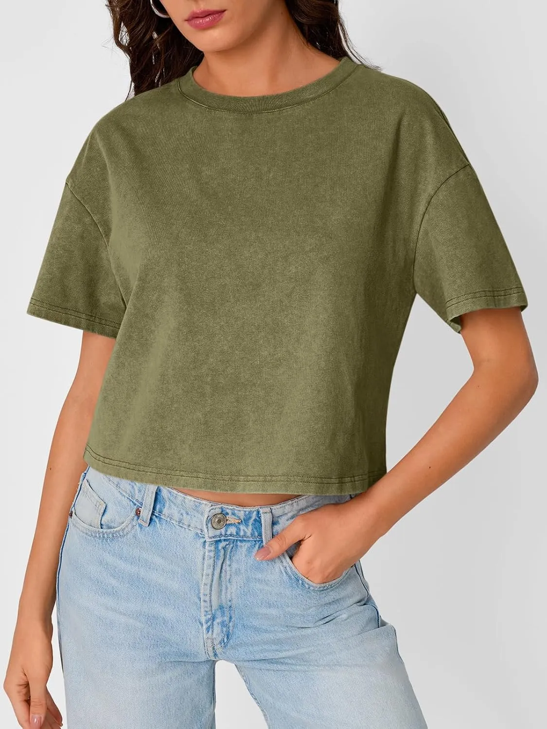 Trendy Queen Womens Crop Tops Short Sleeve T-Shirts Acid Wash Casual Summer Clothes Trendy Comfy 2025 Workout Baggy Soft Tees