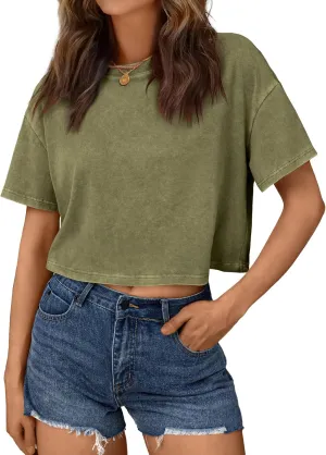 Trendy Queen Womens Crop Tops Short Sleeve T-Shirts Acid Wash Casual Summer Clothes Trendy Comfy 2025 Workout Baggy Soft Tees