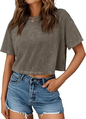 Trendy Queen Womens Crop Tops Short Sleeve T-Shirts Acid Wash Casual Summer Clothes Trendy Comfy 2025 Workout Baggy Soft Tees
