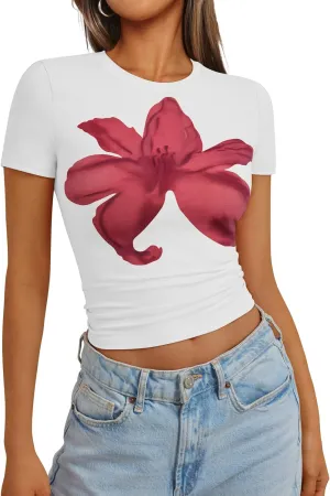 Trendy Queen Womens Short Sleeve Crop Tops Summer Spring T Shirts Basic Cute Casual Tees Graphic Trendy Fashion Clothes 2025