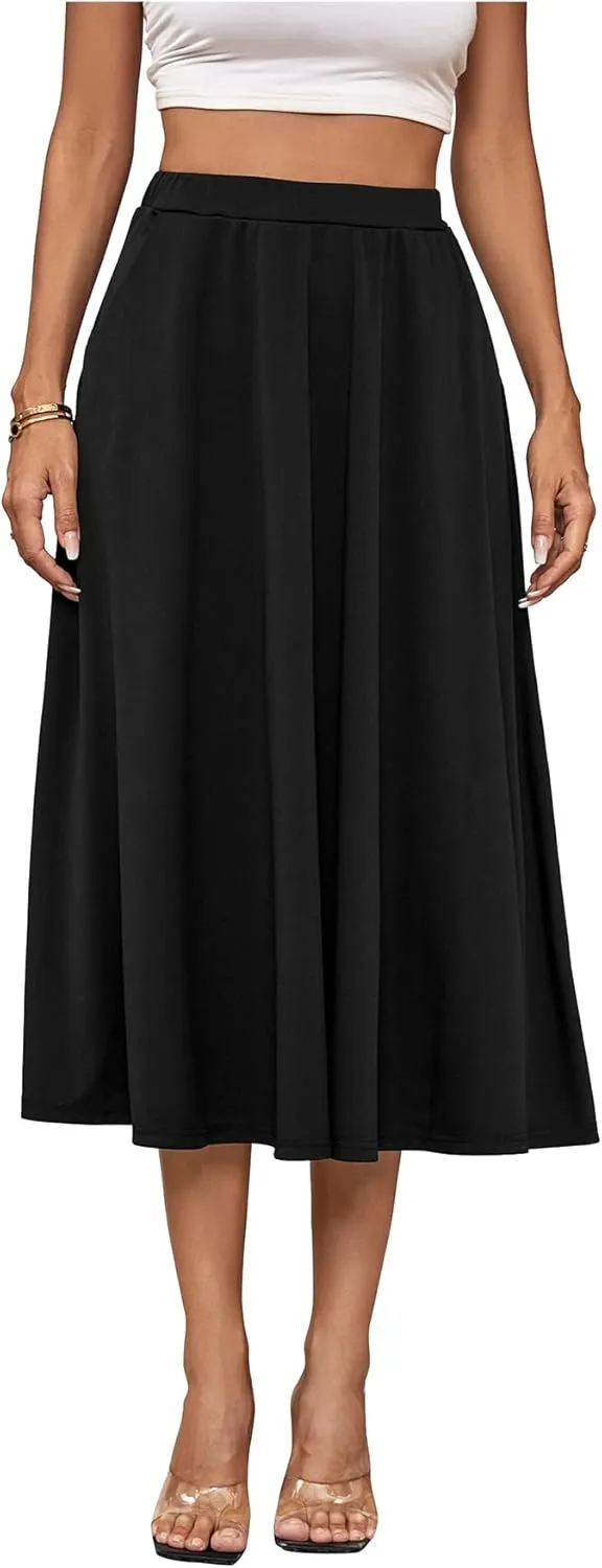 Umenlele Women's Stretchy Flared Basic Versatile High Waisted Casual Midi Skater Skirt