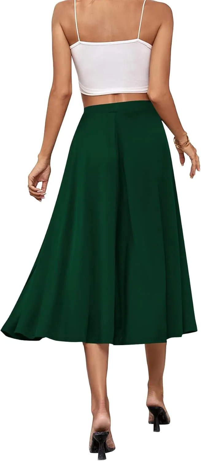 Umenlele Women's Stretchy Flared Basic Versatile High Waisted Casual Midi Skater Skirt