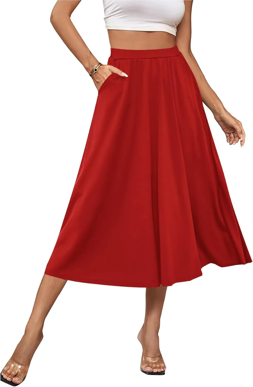 Umenlele Women's Stretchy Flared Basic Versatile High Waisted Casual Midi Skater Skirt