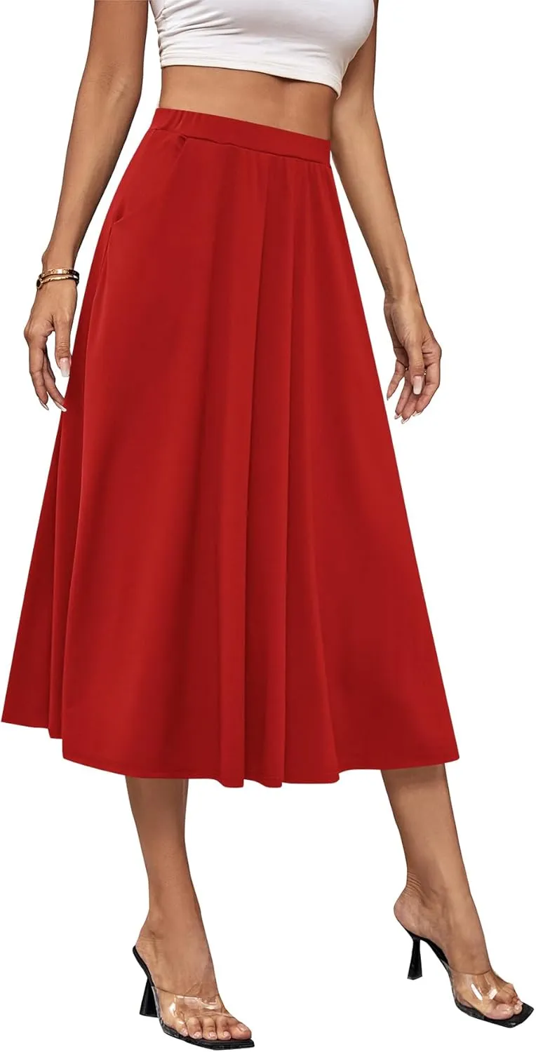 Umenlele Women's Stretchy Flared Basic Versatile High Waisted Casual Midi Skater Skirt