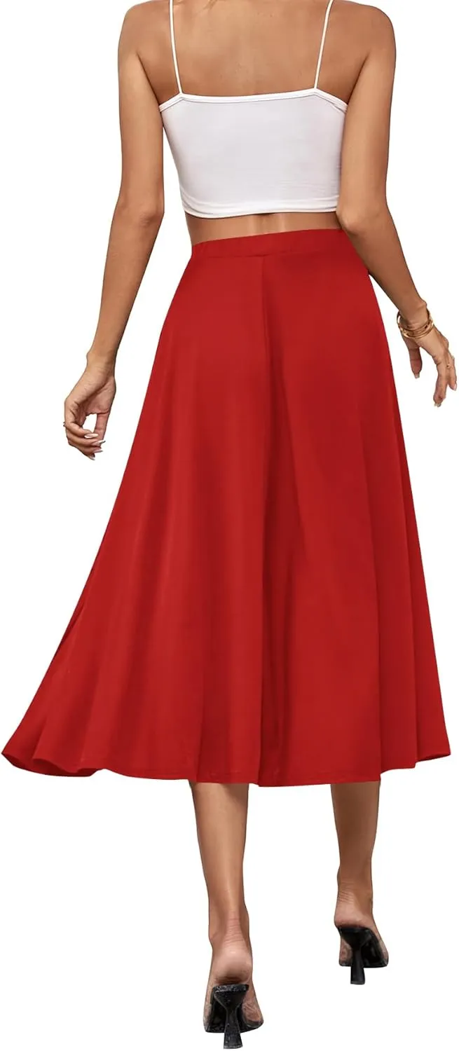 Umenlele Women's Stretchy Flared Basic Versatile High Waisted Casual Midi Skater Skirt