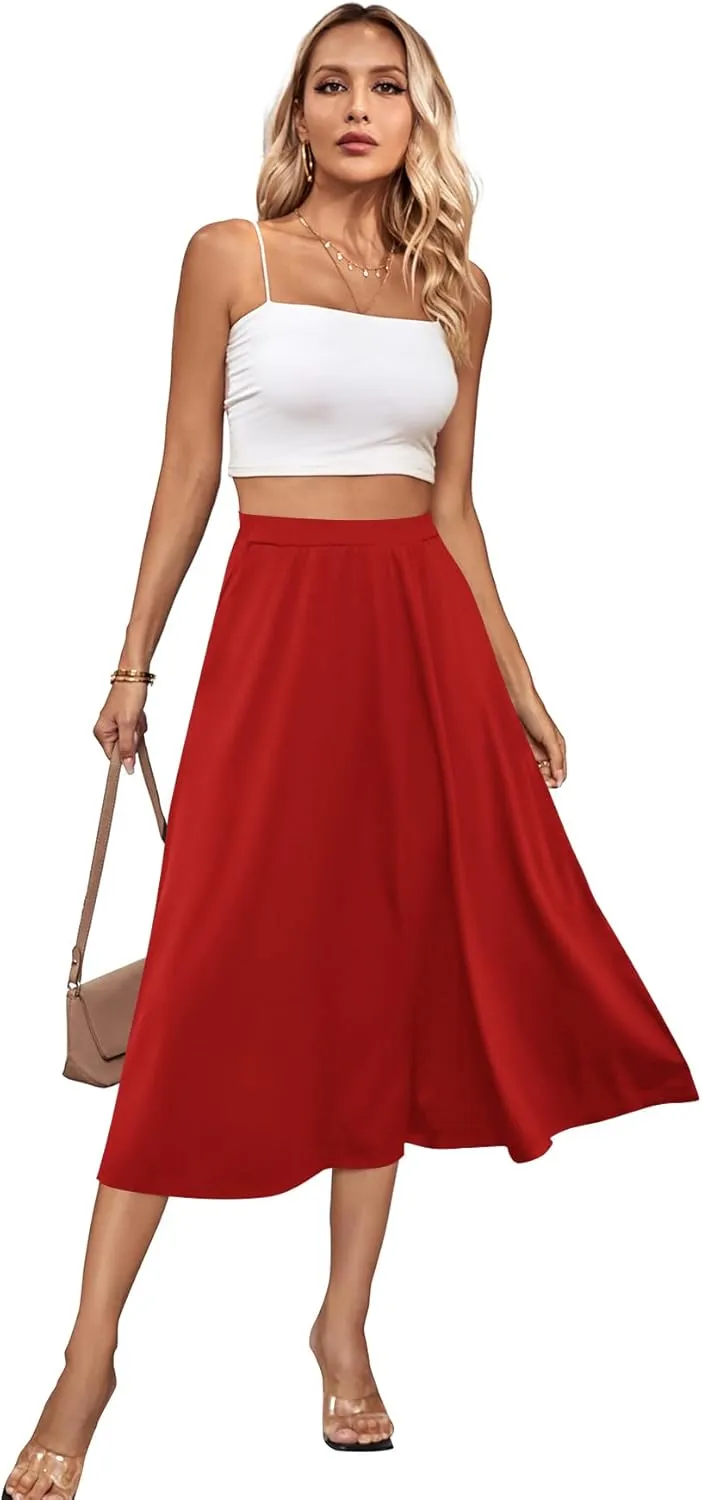 Umenlele Women's Stretchy Flared Basic Versatile High Waisted Casual Midi Skater Skirt