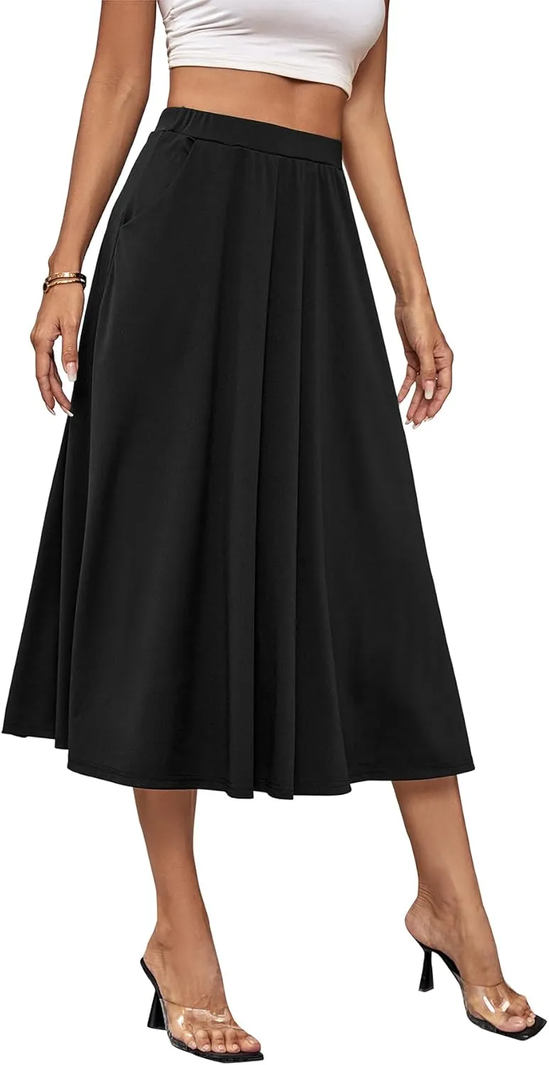 Umenlele Women's Stretchy Flared Basic Versatile High Waisted Casual Midi Skater Skirt