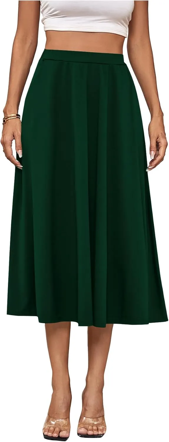 Umenlele Women's Stretchy Flared Basic Versatile High Waisted Casual Midi Skater Skirt