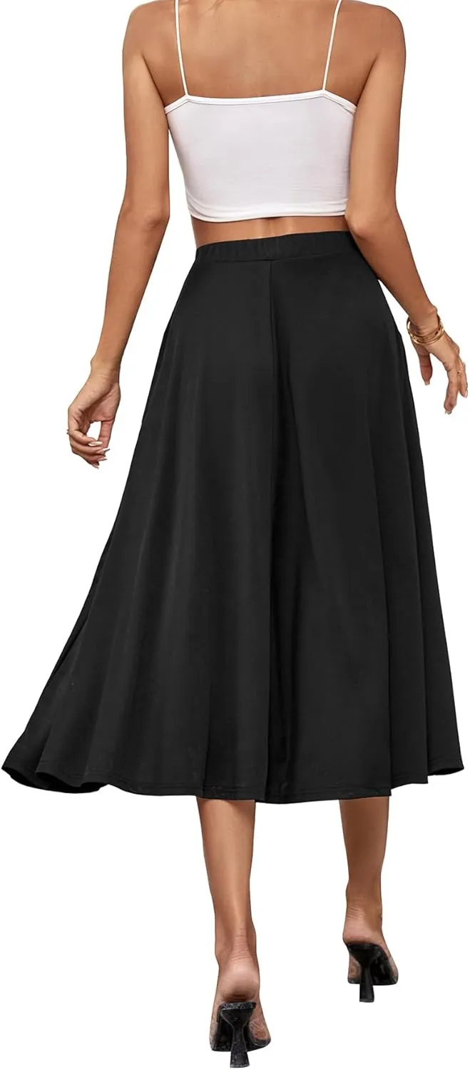 Umenlele Women's Stretchy Flared Basic Versatile High Waisted Casual Midi Skater Skirt