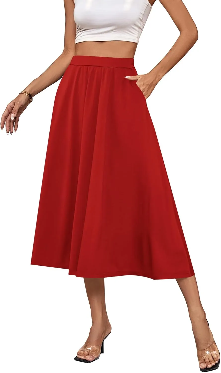 Umenlele Women's Stretchy Flared Basic Versatile High Waisted Casual Midi Skater Skirt