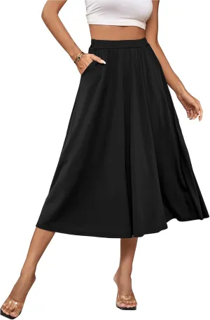 Umenlele Women's Stretchy Flared Basic Versatile High Waisted Casual Midi Skater Skirt