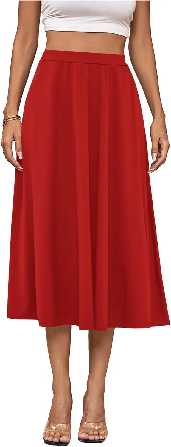 Umenlele Women's Stretchy Flared Basic Versatile High Waisted Casual Midi Skater Skirt